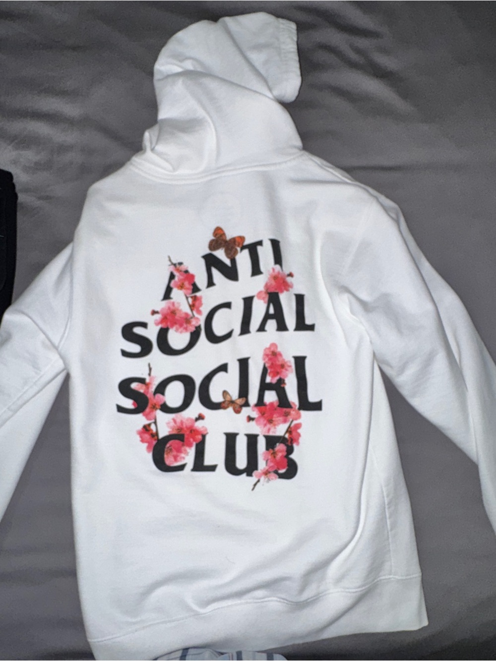Anti Social Social Club White Hoodie with Black Logo and Pink Floral Accents